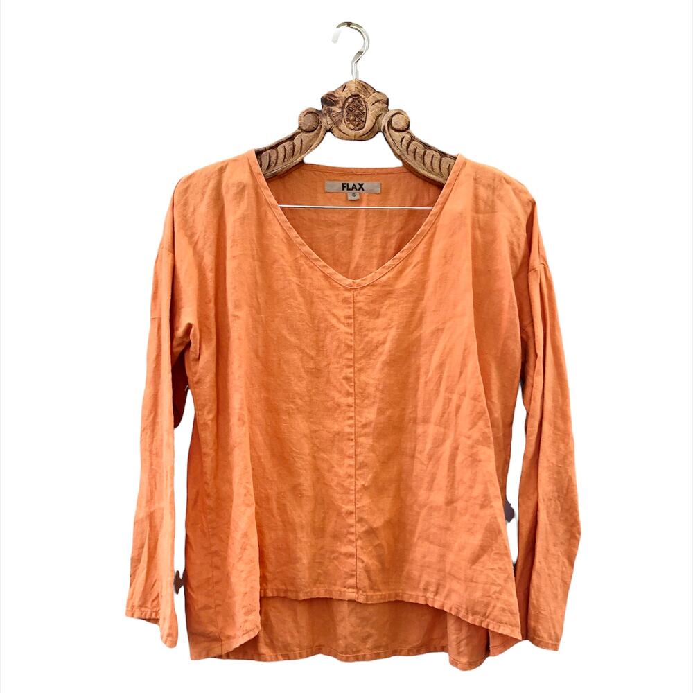 Flax Linen Long Sleeve V Neck High Low Top Orange Small